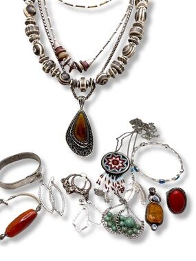 Vintage Costume Silver Tone 15pc Jewelry Lot Charm Bracelet Earrings Necklaces